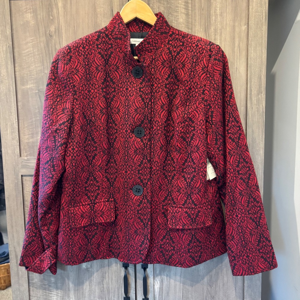 NWT Coldwater Creek Red Black Jacquard Wool Blend Peplum Jacket Size 16